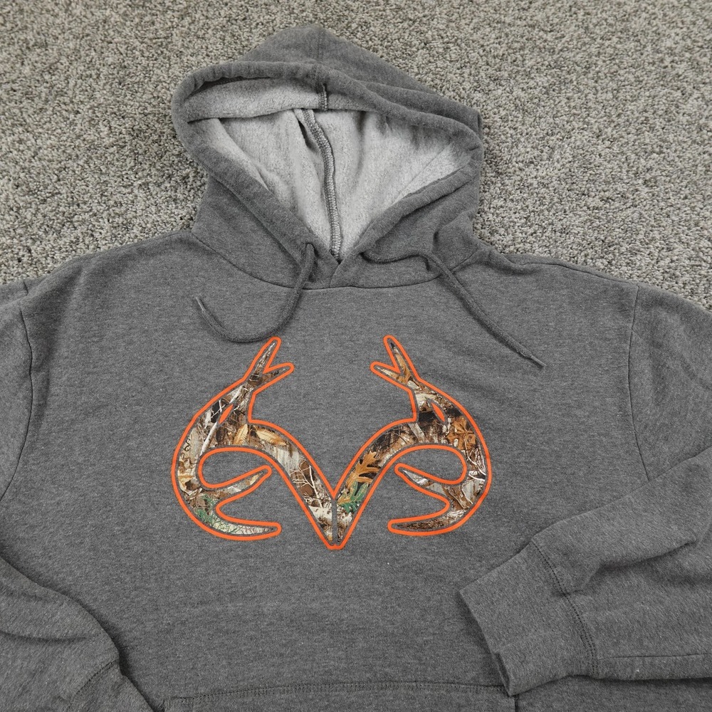 Realtree Hoodie Mens XL Gray Logo Pullover Fleece Sweatshirt Hunting Outdoor